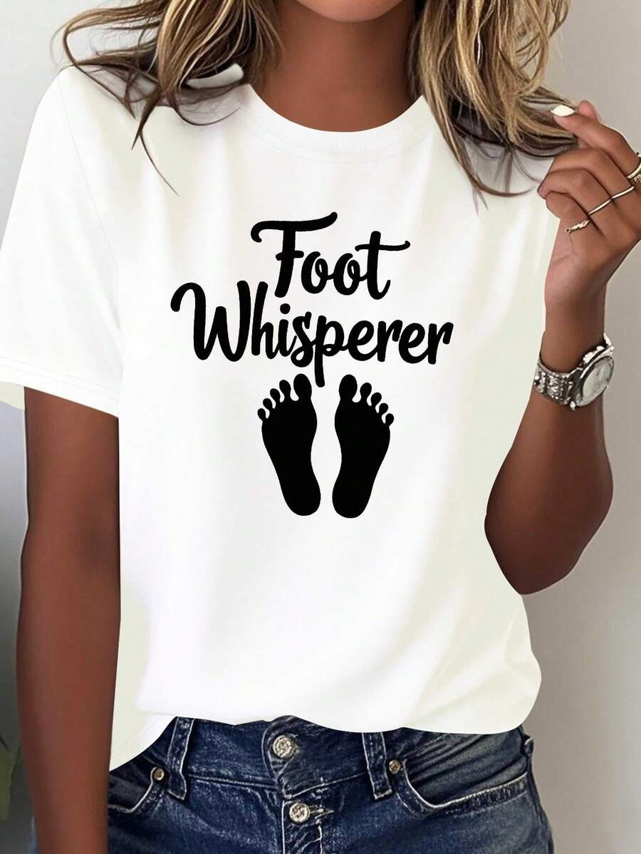 Comfortable And Pure T-Shirt For Women "Foot Whisperer" With Cursive Feet Design - [White] - View 1