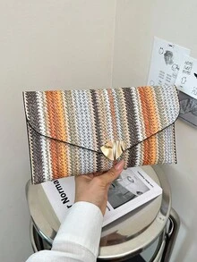 2026新款女士草編信封手拿包，高端質感小眾超薄腋下包，大容量拼色手提包 - 咖啡 - 查看 9
