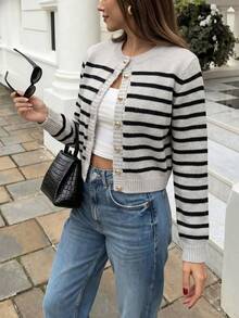 女款極簡時尚通勤圓領拼色條紋鈕扣長袖針織開襟毛衣，聖誕與新年休閒秋季款 - 彩色 - 查看 5