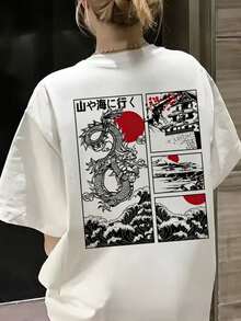 Women's T-Shirt With Japanese Dragon And Wave Print, Dropped Shoulders And Loose Fit, Y2K Urban Casual Style, Graphic Aesthetic, Breathable And Comfortable For Everyday Wear, Outings To - 白色 - 查看 1