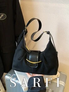 1件時尚簡約百搭PU材質女款單肩斜挎包，適合女性日常使用、旅行與度假 - 黑色 - 查看 2