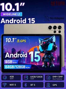Qetupa 10.1 吋 HD IPS Android 15 平板電腦，4GB RAM 64GB/128GB 儲存空間，MTK8788 2.0GHz 八核心，5MP+13MP 相機，6000mAh 長效電池，2.4G&5G WiFi 5 BT5.2 GPS（不含適配器） - 金色 - 查看 1