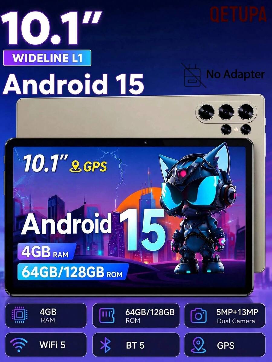 Qetupa 10.1 吋 HD IPS Android 15 平板電腦，4GB RAM 64GB/128GB 儲存空間，MTK8788 2.0GHz 八核心，5MP+13MP 相機，6000mAh 長效電池，2.4G&5G WiFi 5 BT5.2 GPS（不含適配器） - 金色 - 查看 1