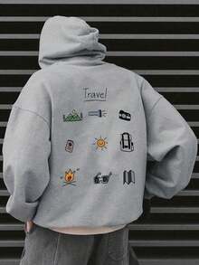 Men's Long-Sleeved Hoodie With Thermal Lining, Featuring A Print Of Forest Camping Elements And Outdoor Landscapes, Autumn/Winter - 黑與白 - 查看 1