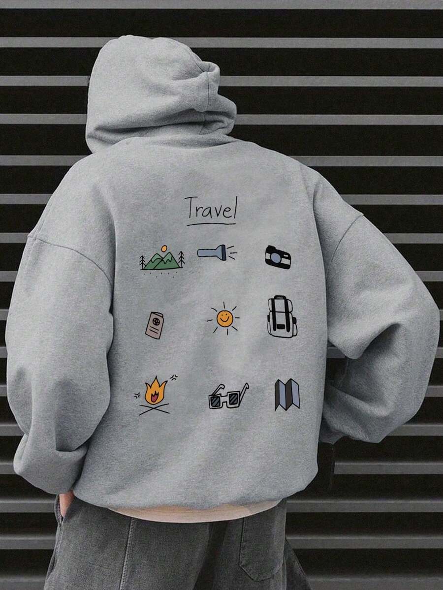Men's Long-Sleeved Hoodie With Thermal Lining, Featuring A Print Of Forest Camping Elements And Outdoor Landscapes, Autumn/Winter - 黑與白 - 查看 1