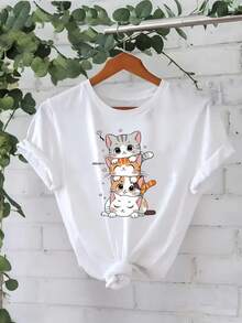 Primavera Verano Otoño Nueva Moda para Mujer, Casual, Estampados de Múltiples Gatos, Camiseta de Manga Corta con Cuello Redondo, Ropa Elegante para Mujer, Adecuada para el Hogar, Aire Libre, - Blanco - Ver 1