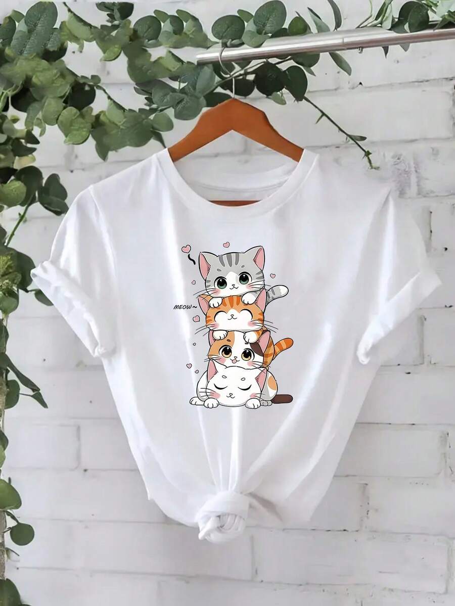 Primavera Verano Otoño Nueva Moda para Mujer, Casual, Estampados de Múltiples Gatos, Camiseta de Manga Corta con Cuello Redondo, Ropa Elegante para Mujer, Adecuada para el Hogar, Aire Libre, - Blanco - Ver 1