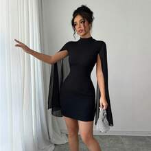Women's Black Sheer Mesh Bodycon Dress With High Neck And Cape Sleeves, Modern And Sexy Women's Clothing. - 黑色 - 查看 2