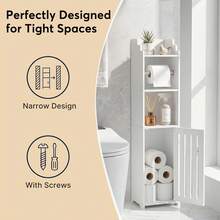 Senmeo 1Pc Slim Modern Freestanding Bathroom Storage Cabinet, Waterproof Narrow Side Organizer With Door, Built-In Toilet Paper Holder & Shelves, For Small Apartment Bathrooms, Father's Day Gift - White - View 12