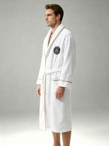 1pc Men's Solid Color Embroidered Trim Long Bathrobe, Comfortable Breathable Soft Plush Quick-Drying, Home Wear, Suitable For Home/Spa/Hotel/Leisure, All Season, Bathroom Decor (White) - Lapel - Plain Trimmed Round Logo Bathrobe - White - View 6