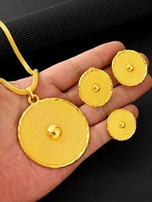 3pcs/Set Classic Minimalist Golden Color Round 3D Polished Jewelry Set, Earrings, Ring, Necklace Combination Set, Middle Eastern Daily Fashion Women Girls Jewelry, African Arab Birthday Party Gathering Wedding Engagement Holiday Accessories Gift - Yellow Gold - View 7