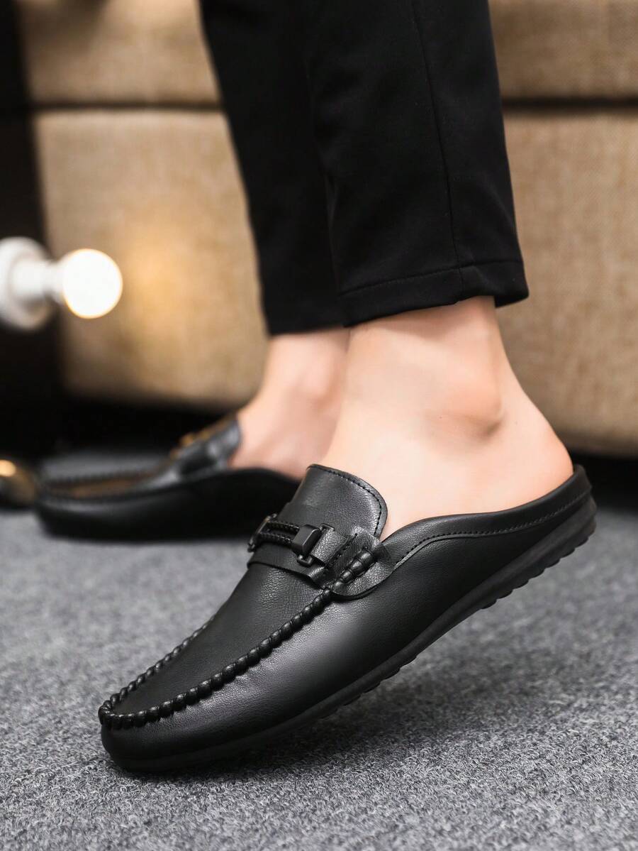 Men's Metal Buckle Minimalist Outdoor Indoor Summer Slip-On Flat Half-Back Loafers (Size Runs Small, Order One Size Up For Larger Feet) - Black - View 1