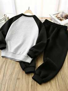 2pcs/Set Tween Boys Round Neck Raglan Sleeve Printed Sweatshirt And Simple Casual Sports Pants, Autumn/Winter New Boys Outfit - Multicolor - View 3