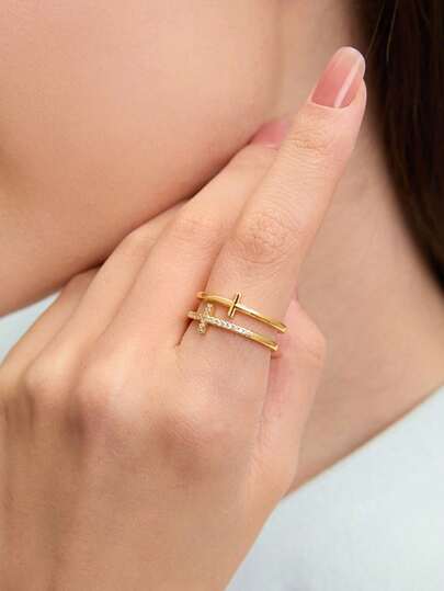 Ashenrae 1pc Minimalist Layered Cross Crown Design Adjustable Open Ring, Unique & Versatile