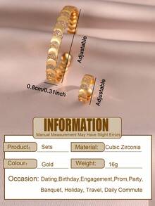 2pcs/Set Perhiasan Gelang & Cincin Zirkonia Kubik Motif Bulan yang Indah, Gelang Pesona Modis untuk Pertunangan, Pernikahan, Pesta, Pemakaian Sehari-hari, Festival Musik - Yellow Gold - View 3