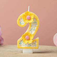 1pc Pink Glitter Number Birthday Cake Candle, Shiny Number Cake Decoration Topper, Party Decoration And Anniversary Celebration, Yellow Glitter Number 1 Candle With Daisy Flower Decoration, Birthday And Anniversary Party Cake Topper - Yellow - View 4