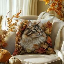1pc Autumn Maple Leaf Long Hair Cat Print Pattern Polyester Pillow Case [Pillow Insert Not Included], 17.7*17.7in(45*45cm)/19.69*19.69in(50*50cm)/15.75*15.75in(40*40cm), [Single-Sided Printing] Cat Lover Gift Cushion Cover Room Decor, Home Decor, Bedroom Decor, Room Decoration Stuff For Sofa, Bed, Living Room, Bedroom, Car, Office, Hotel Decoration Throw Pillow Covers All Season Use Perfect Gift For Family And Friends - Multicolor - View 6