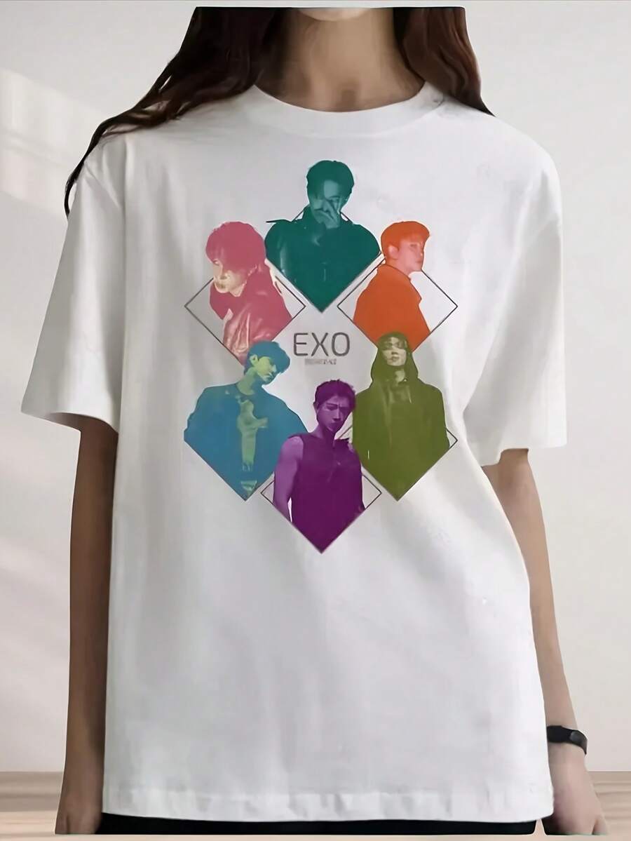 T-shirt unisexe 100% coton, coupe ample, manches courtes, style Y2K, EXO EXhorizon REVERXE, pour EXO-L, vêtement , idéal pour un concert. - Blanc - Voir 1