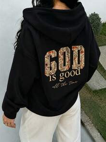 God Letter Print Pattern Sweatshirt, Plus Size Women's Casual Autumn/Winter Long Sleeve Pocket Hooded Sweatshirt Black - Black - View 2