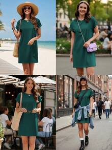 TEMOFON Vestido Camiseta para Mujer, Verano, Manga Corta, Holgado, con Bolsillo, Vestido Casual, Vestido de Verano a la Moda, Color Sólido Negro, Talla XL - Verde - Ver 4