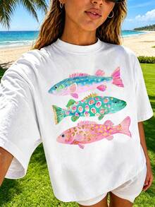 Preppy Cute Glitter Leopard Pattern Fish Graphic Tee, Y2K Aesthetic Coastal Fishing Harajuku T-Shirt For  Girls, Summer Relaxed Fit Clothes - 白色 - 查看 3