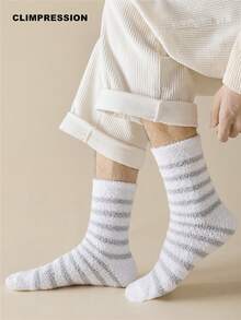 CLIMPRESSION Unisex Striped Plush Mid-Calf Socks, Neutral Fine Striped Coral Fleece Fluffy Home Socks, Soft Warm Winter Comfortable Sleep & Leisure Socks - Multicolor - View 8