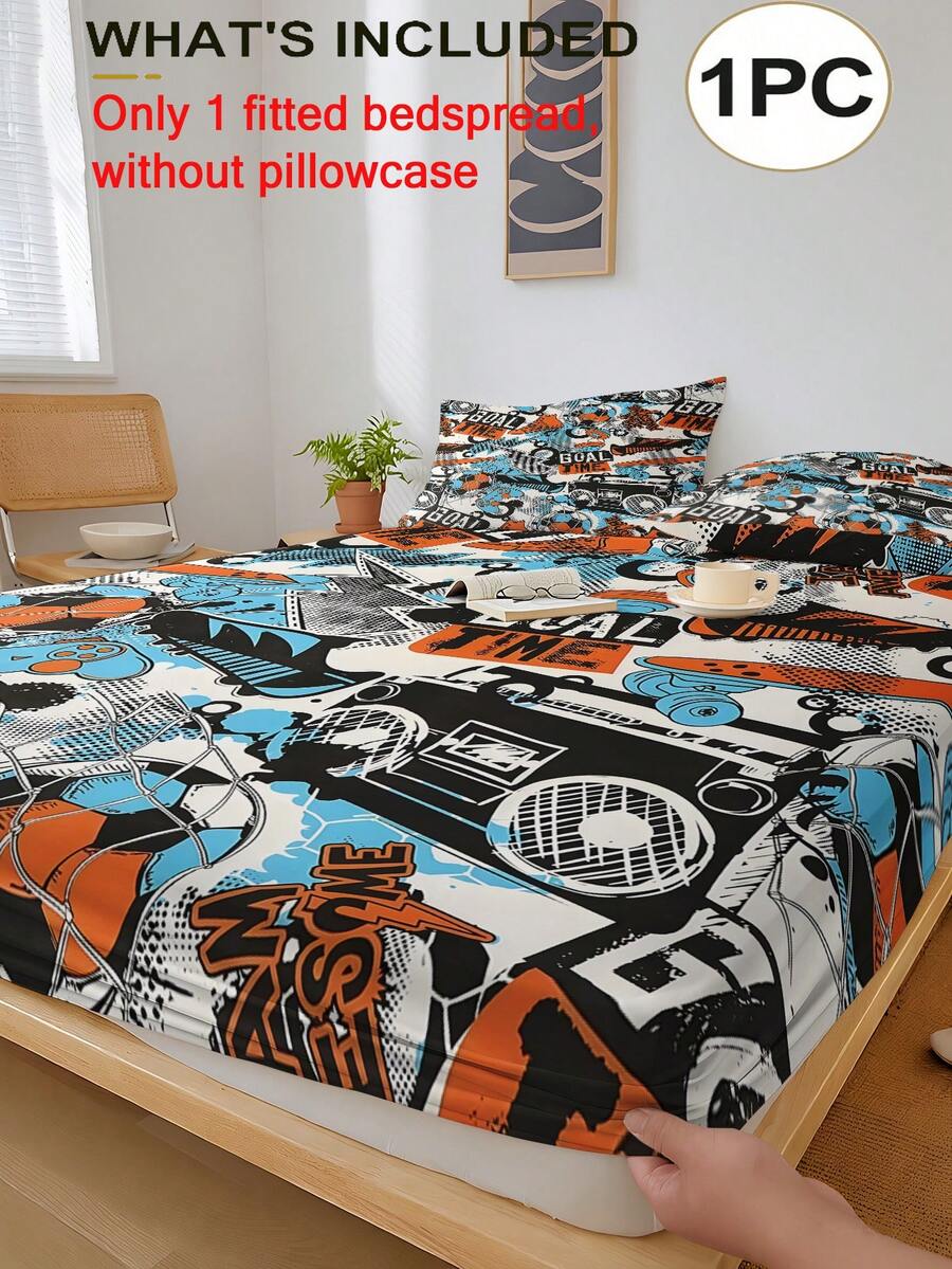 1PC Sports Theme Fitted Sheet (Fitted Sheet Only, No Pillowcase), Printed With Soccer Pattern, Snug-Fit Mattress Protector, Suitable For Twin/Full/Queen/King Size Beds. Bedroom, Guest Room, School Dorm, Hotel All-Season Decorative Item, Gift For Parents, Friends, Partners - Multicolor - View 1
