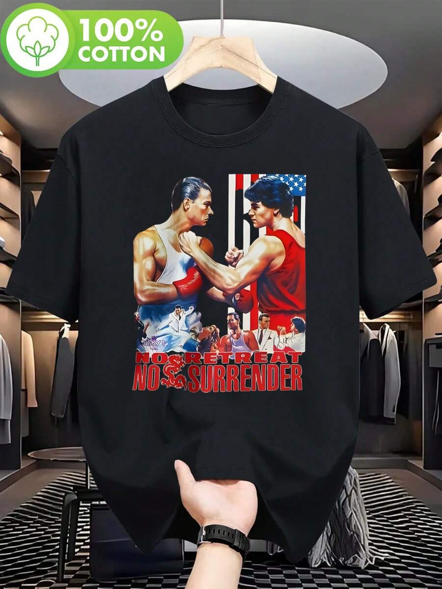 Camiseta "No Retreat No Surrender" de Jean-Claude Van Damme - Camiseta Vintage de Película de Artes Marciales con el Ícono de Acción de JCVD, Tela Gruesa y Duradera Unisex, Corte Regular, Ma - Negro - Ver 1