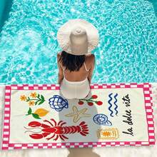 1pc Pink Grid Border Italian Hand-Painted Seafood Microfiber Beach Towel, Multiple Sizes Beach Blanket Sun Protection Towel, Lightweight, Suitable For Swimming, Camping, Sports, Beach Or Gym Beach Accessories | Modern Beach Towel | Durable Beach Mat, Beach Towel - Multicolor - View 9