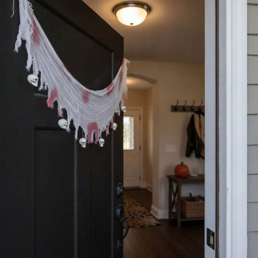 Halloween Banner, Bloody Gauze Skull Banner Haunted House Party Favor Photo Props For Photoshoot - Grey - View 1