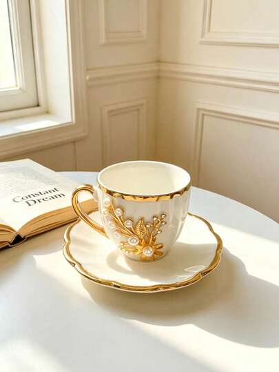 1 Set 90ml Gold Pearl Ceramic Coffee Cup And Saucer Set And Tea Cup, Includes Cup And Saucer, Cup With Heat-Resistant Handle, Dishwasher . Perfect For Afternoon Tea, Dessert, Espresso, Also As A Gift Set Or School Supplies. Also An Ideal Choice For Family Gatherings, Coffee, Tea, Dessert, Housewarming And Wedding Gifts, Kitchen And Cafe Decor, Perfect Birthday And Mother's Day Gift For Women And Tea Lovers, Father's Day Gift, Teacher's Gift, Graduation Gift