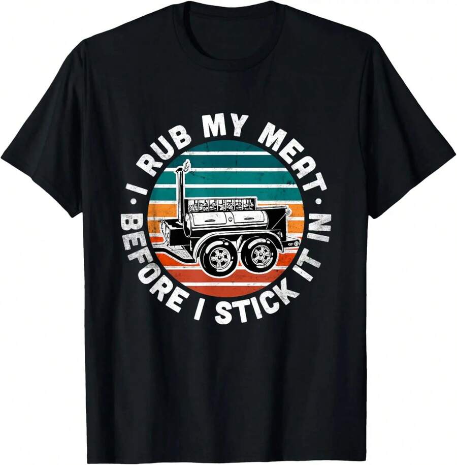 Camiseta 100% Algodón para Hombre con Texto Divertido 'I Rub My Meat', Estampado Gráfico Desgastado, Estilo Vintage Urbano, para Aficionados al BBQ y Ahumadores Offset - Negro - Ver 1