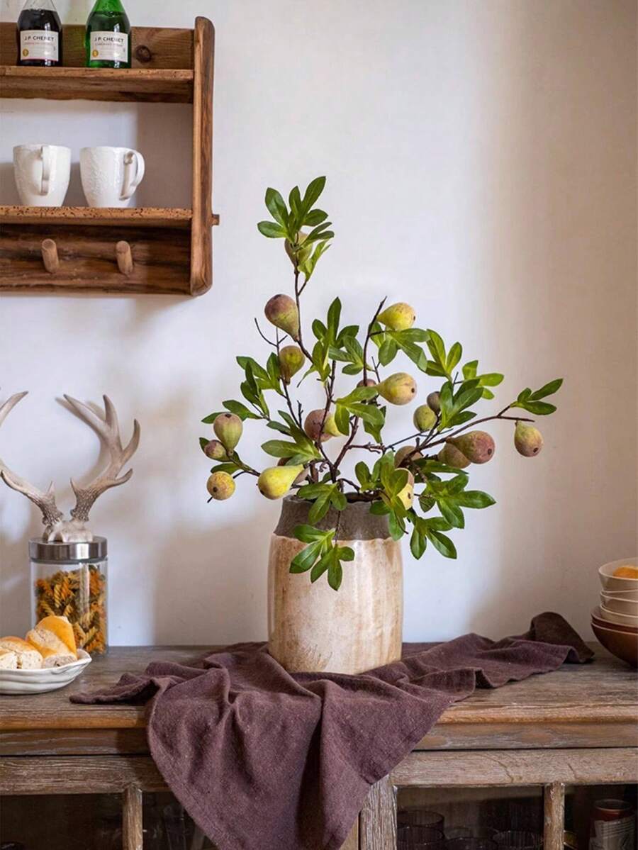 Artificial Fig Branch Stem With Faux Fig Fruit, Autumn Greenery Foliage, Artificial Fiddle Leaf Fig Branch With Fig Fruit, Fake Greenery, Suitable For Restaurant, Bathroom, Living Room Center Decor, Autumn Home Decoration