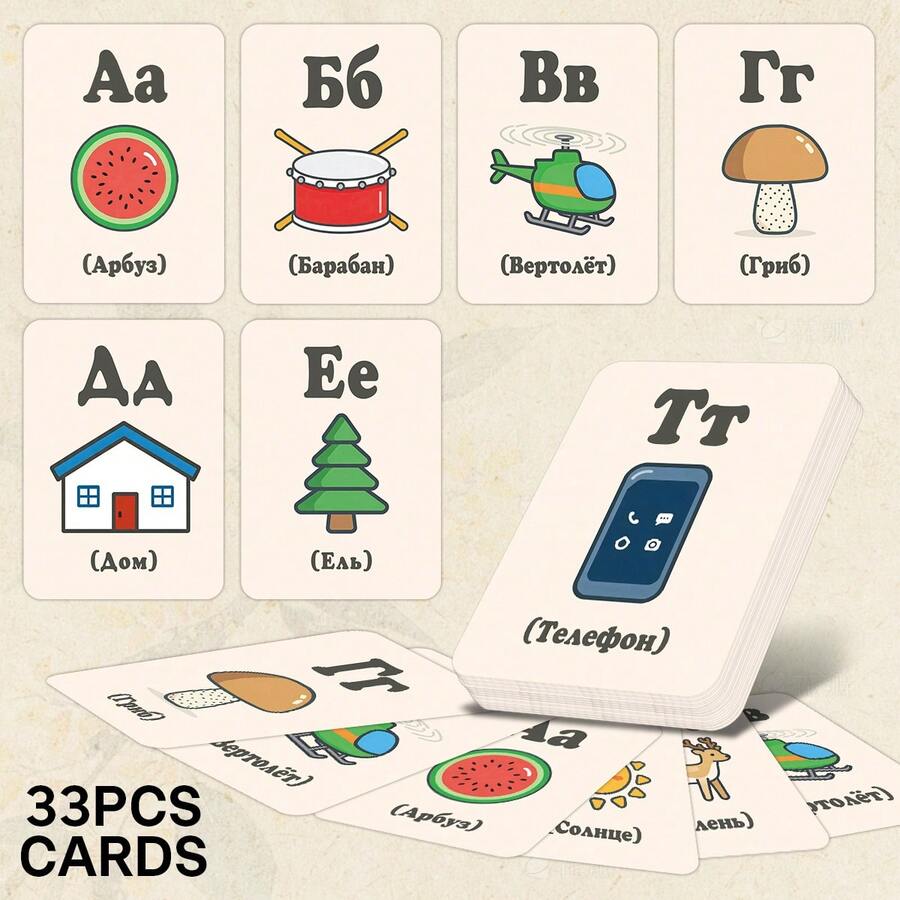 33pcs Russian Alphabet Flashcards - Cute Illustrated Russian Letter Cards For Beginners - Educational Language Learning Cards, Ideal Gift For Russian Language Learners - A - View 1