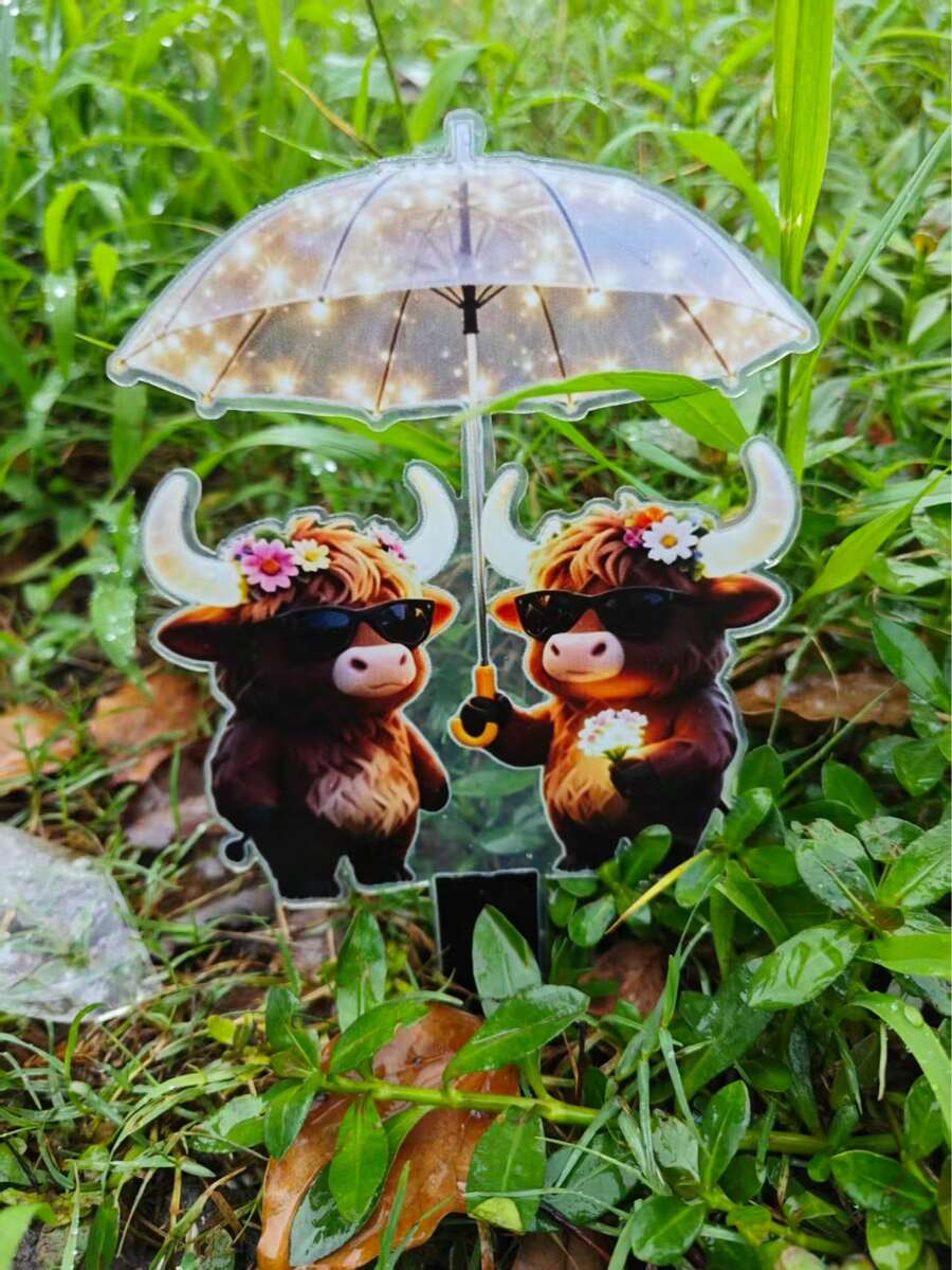 2D Flat Acrylic Illuminated Highland Cow With Umbrella Flower Garden Decor Stake, Outdoor Yard Garden Lawn Decoration, Ideal Gift For Friends, Garden & Lawn Decor - 520 - View 1