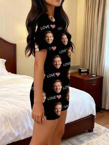1件女款客製化臉部與文字睡衣套裝，黑色配個性化臉部、LOVE與粉色愛心印花，柔軟面料，休閒風格，居家穿著理想之選 - 黑色 - 查看 3