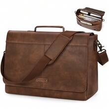 PU Laptop Messenger Bag 15.6 Inch, Waterproof Vintage Briefcase, Large Work Shoulder Bag For Office University Travel Computer - Brown - View 2