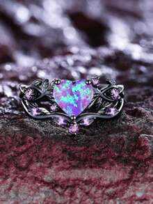 2pcs/Set, Vintage Purple Heart-Shaped Cut Synthetic Opal & Leaf Design Gunmetal Black Ring Set, Suitable For Holiday Party & Daily Wear, All Seasons - Purple - View 12