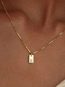 1pc Fashionable Stainless Steel Rectangular 26 Letter Pendant Necklace For Women, Suitable For Daily Wear, Birthday Gift - Yellow Gold - View 23