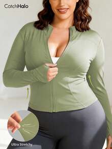 Plus Size Women's Solid Color Fitted Sports Jacket With Thumb Hole, Long Sleeve, Suitable For Yoga, Running, Fitness In Summer - Mint Green - View 7