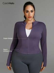 Plus Size Women Slim Fit Lightweight Sports Jacket, With Thumb Hole, Purple, Funnel Neck, Suitable For Yoga, Gym, Running, Cycling, Daily Wear Spring - Elderberry - View 9
