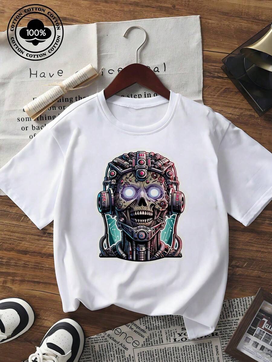 Unisex-T-Shirt aus reiner Baumwolle mit kurzen Ärmeln, lässiger Oversize-Schnitt, Grafikdruck Roboter-Totenkopf mit Neon-Auge, Sommer-Oberteil - Stil1 - Übersicht 1