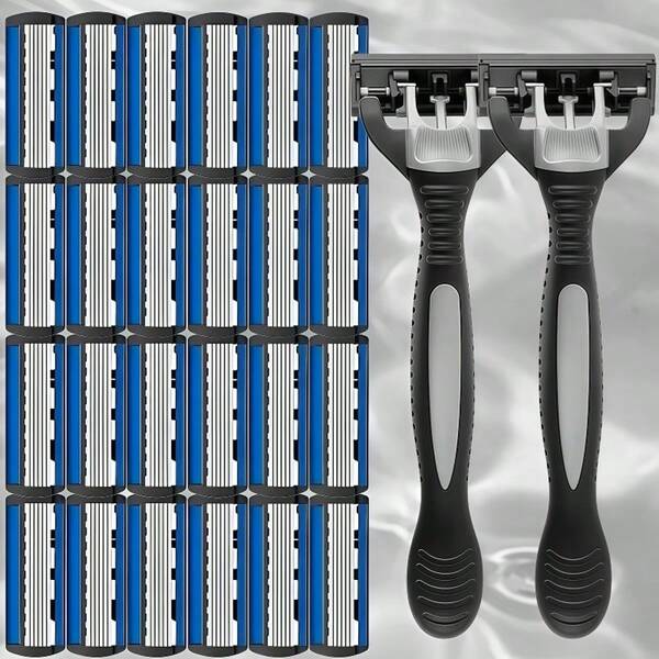 Set de aparat de ras pentru bărbați cu 6 lame, cu mai multe lame ultra-ascuțite, design ergonomic pentru bărbierit fără efort, cap de ras din oțel inoxidabil cu 6 lame, instrument înlocuibil pentru îngrijirea bărbii și a mustății, cu mâner