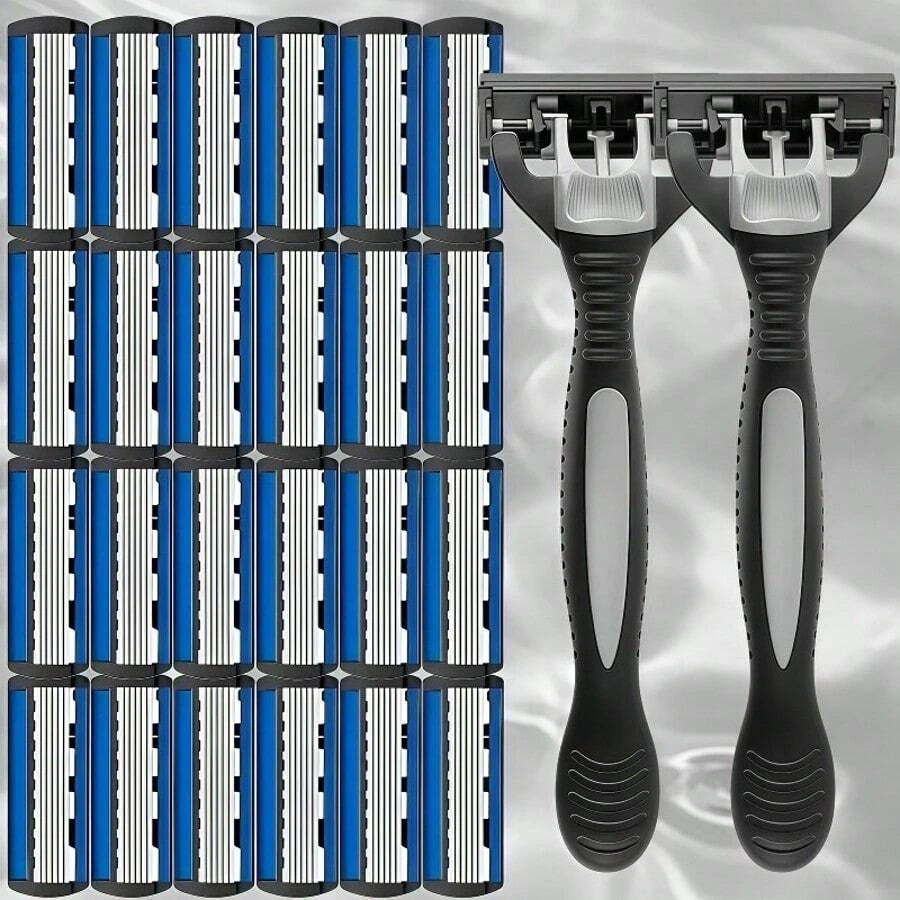 6-Layer Men's Razor Set With Multiple Ultra-Sharp Blades - Ergonomically Designed For Effortless Shaving 6-Layer Stainless Steel Razor Head,Replaceable Beard & Mustache Grooming Tool With Handle - Multicolor - View 1