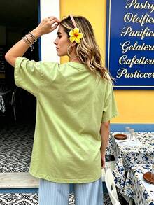 Women's Casual Green Round Neck Short Sleeve T-Shirt With Unique Rib-Knit Detail, Regular Length Knitted Fabric Top For Everyday Wear - Light Fruit Green - View 2