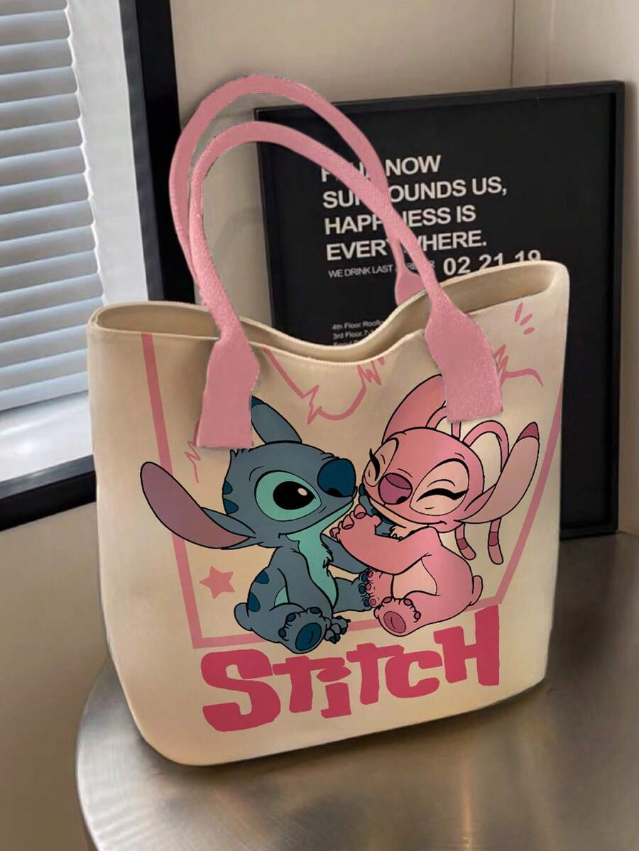 開學季 Disney Stitch 全滿版印花帆布托特包,大容量可愛星星圖案粉色蝴蝶結肩背包,女款女孩日常通勤購物休閒手提包 - 彩色 - 查看 1