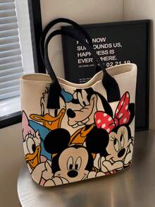 Back To School Season Disney Mickey & Minnie Full Print Canvas Tote Bag, Large Capacity Cute Star Pattern Pink Ribbon Shoulder Bag, Women & Girls Daily Commute Shopping Casual Handbag - Multicolor - View 5