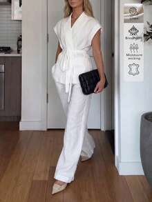 Linen Solid Color Casual Elegant Commuting Intellectual Retro Style Waist Belt Top And Pants Two Pieces Set White Summer - White - View 2