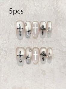 Y2K Gothic Style 5pcs Handmade Oval Nail Art Stickers, Cream White Glossy Cat Eye Design With Cross Stickers And Rhinestone Decor, Cool And Edgy, Suitable For Party, Date And Daily Wear, Wearable Acrylic Nail Art Set Nails - White - View 15