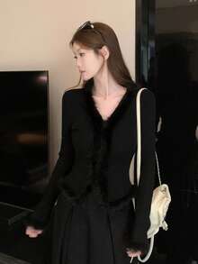 Luxury Premium Black Fuzzy V-Neck Knit Sweater Women's Outerwear Top, Spring/Autumn New Style - Black - View 7